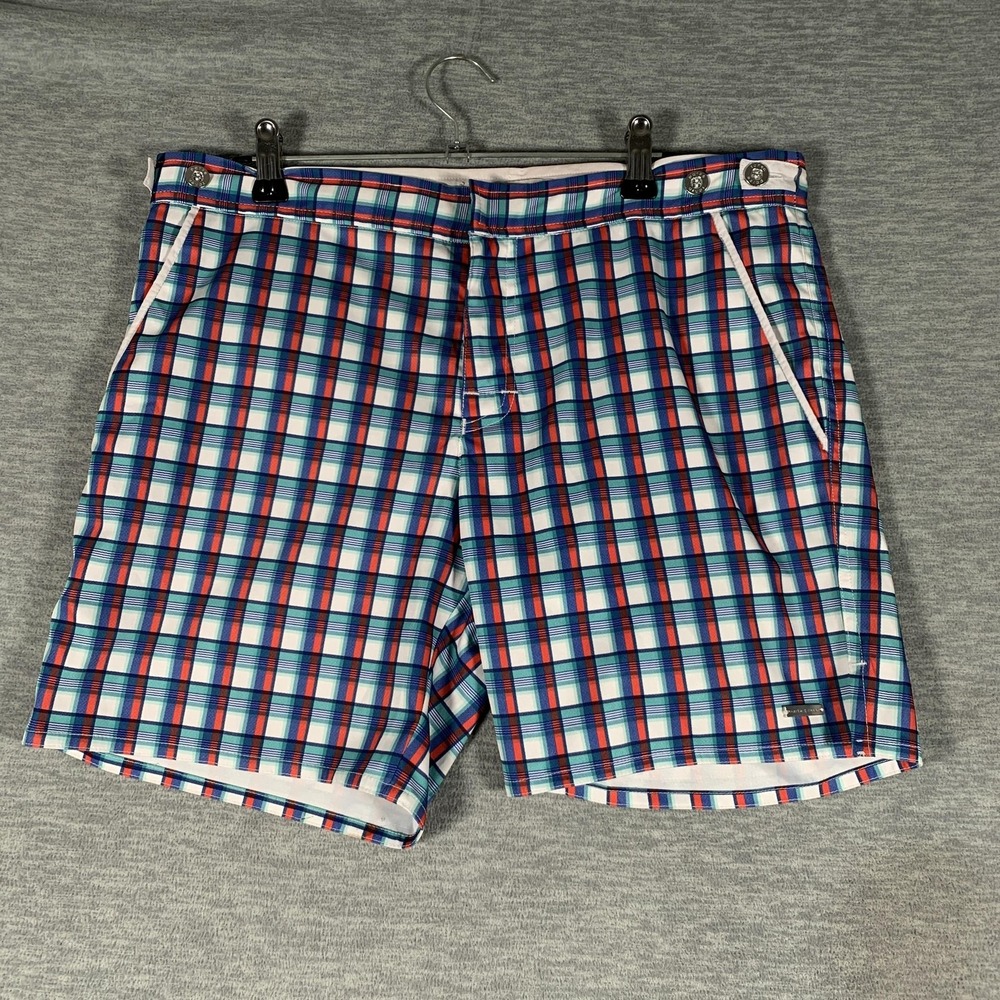 Parke & Ronen Swim Shorts Mens 30 Blue Plaid Lined Trunks Quick Dry Beach
